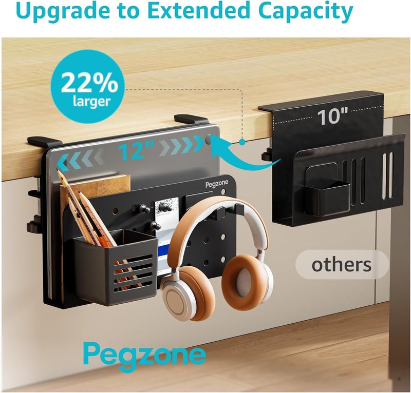 PEGZONE Desk Side Storage Organizer, No Drill Under Desk Laptop Holder, Clamp on Desks Shelf with Pegboard Accessories, Hanging Laptop Mount, Fits Flat Edge 0.4" to 2.2", Black - Image 2